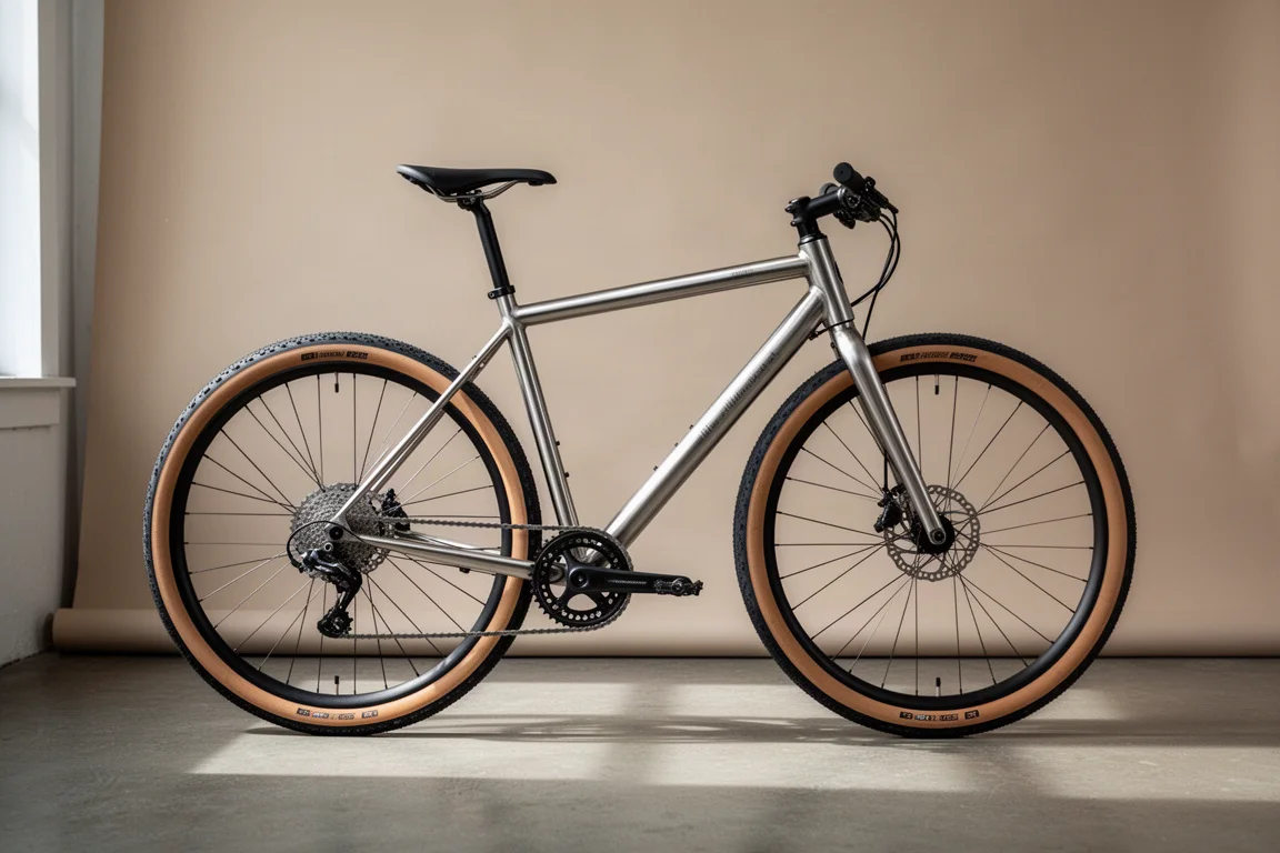 Geborstelde titanium racefiets gefotografeerd vanaf de zijkant op een matte betonvloer
