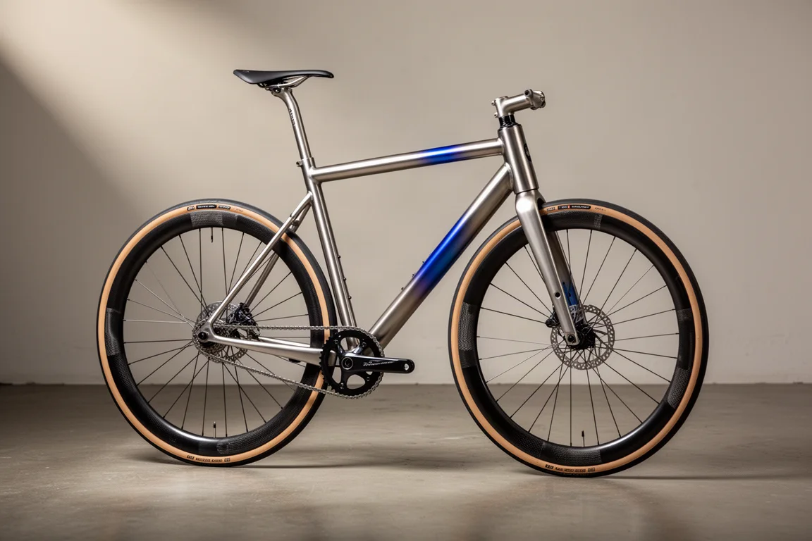 Bici da strada Moots Vamoots CRD in titanio di profilo su un pavimento di cemento in studio