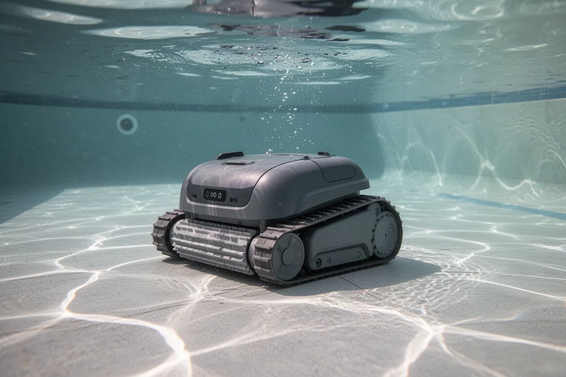 Robot pulipiscine che scorre sul fondo di una piscina con acqua limpida