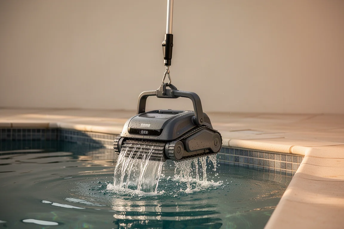 Robot pulipiscine sollevato dall'acqua con un gancio di recupero