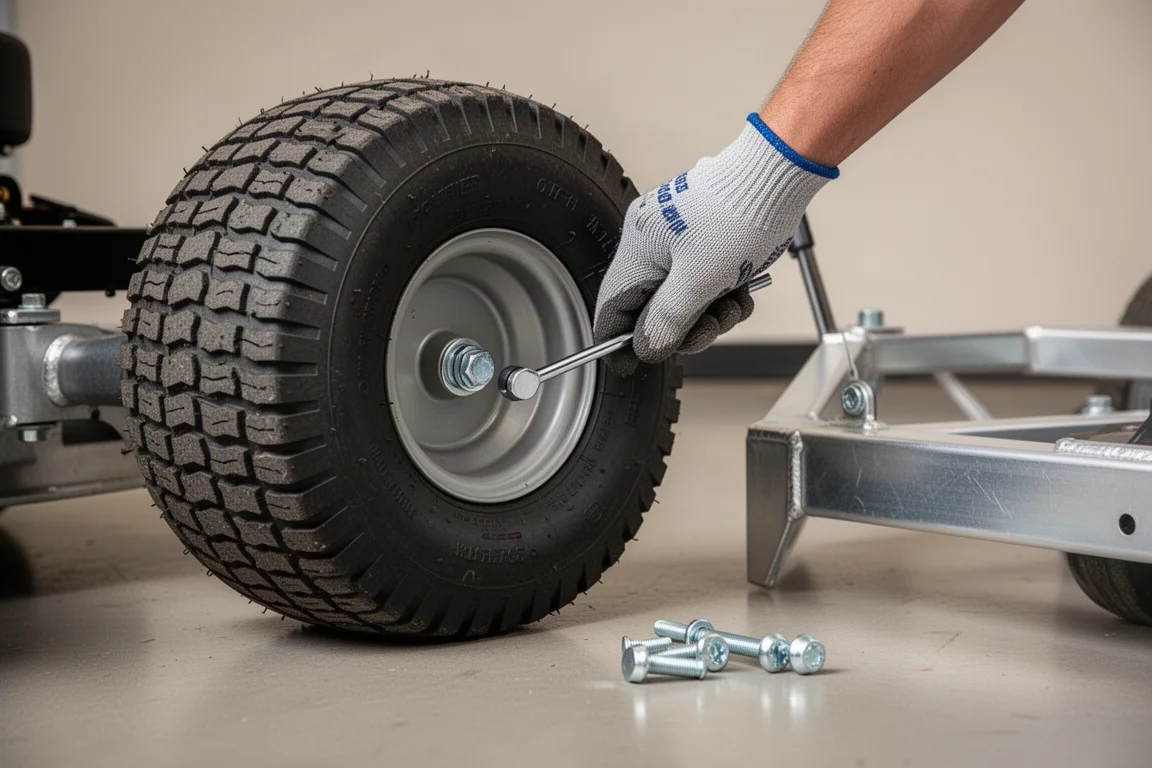 Persona montando la rueda de un cortacésped con una llave Allen en el suelo de un garaje