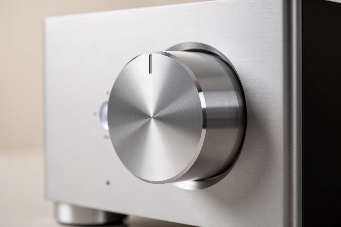 Primer plano de un gran mando giratorio de aluminio en un preamplificador de alta gama