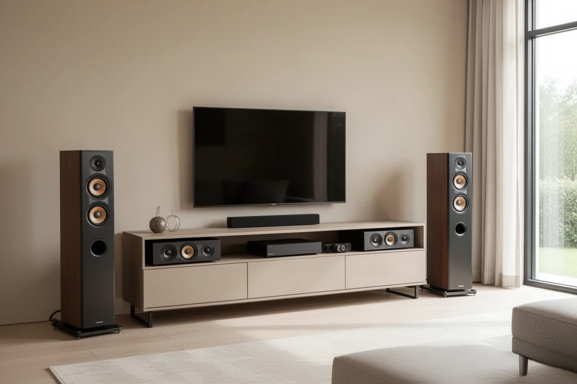 Salón moderno con sistema de audio de alta gama integrado