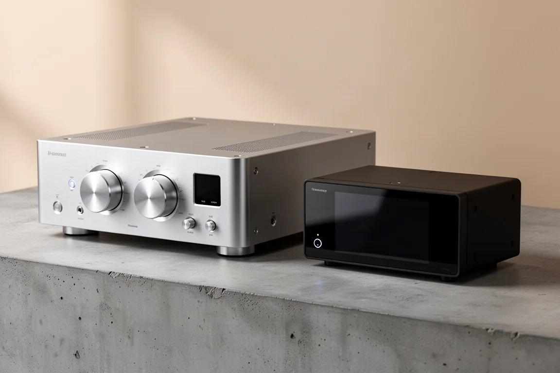 Morance Link 10N and NAD M66 streaming preamplifiers side by side on concrete surface