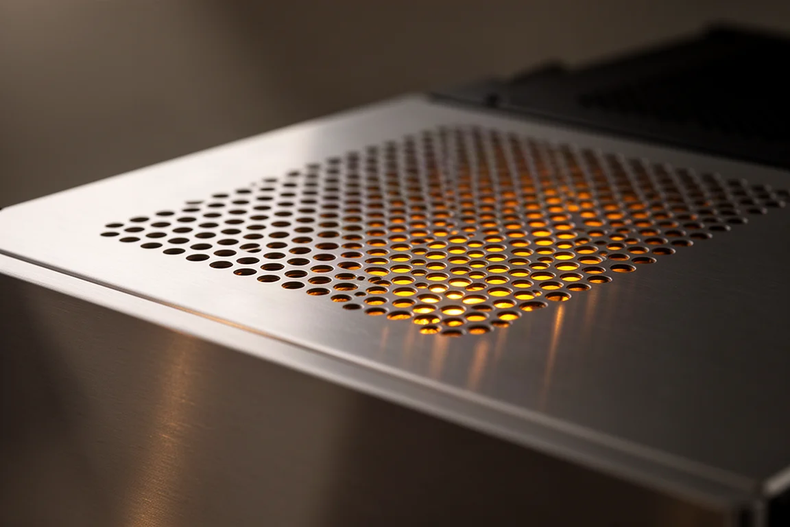 Gros plan sur une grille supérieure d'amplificateur perforée avec une lumière chaude traversant les évents
