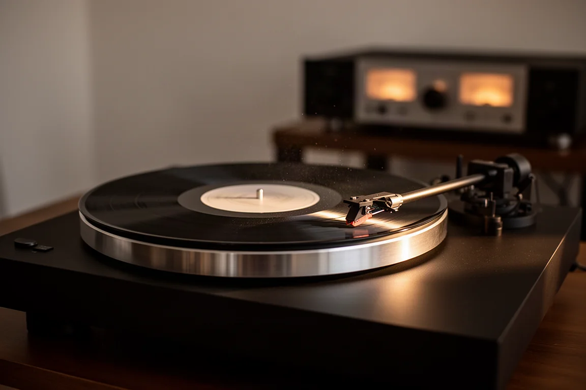Platine vinyle avec un disque en rotation dans une salle d'écoute tamisée