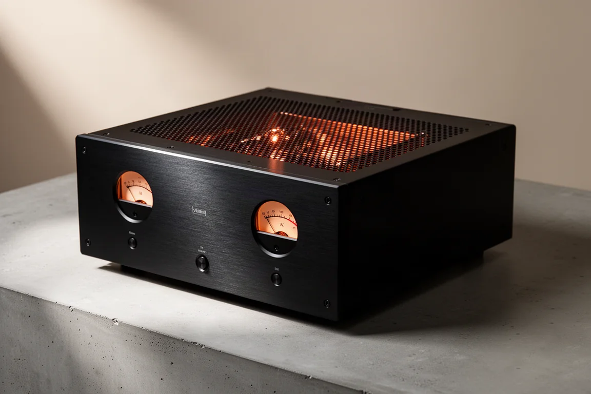 Large black flagship integrated amplifier with VU meters and perforated top grille on concrete