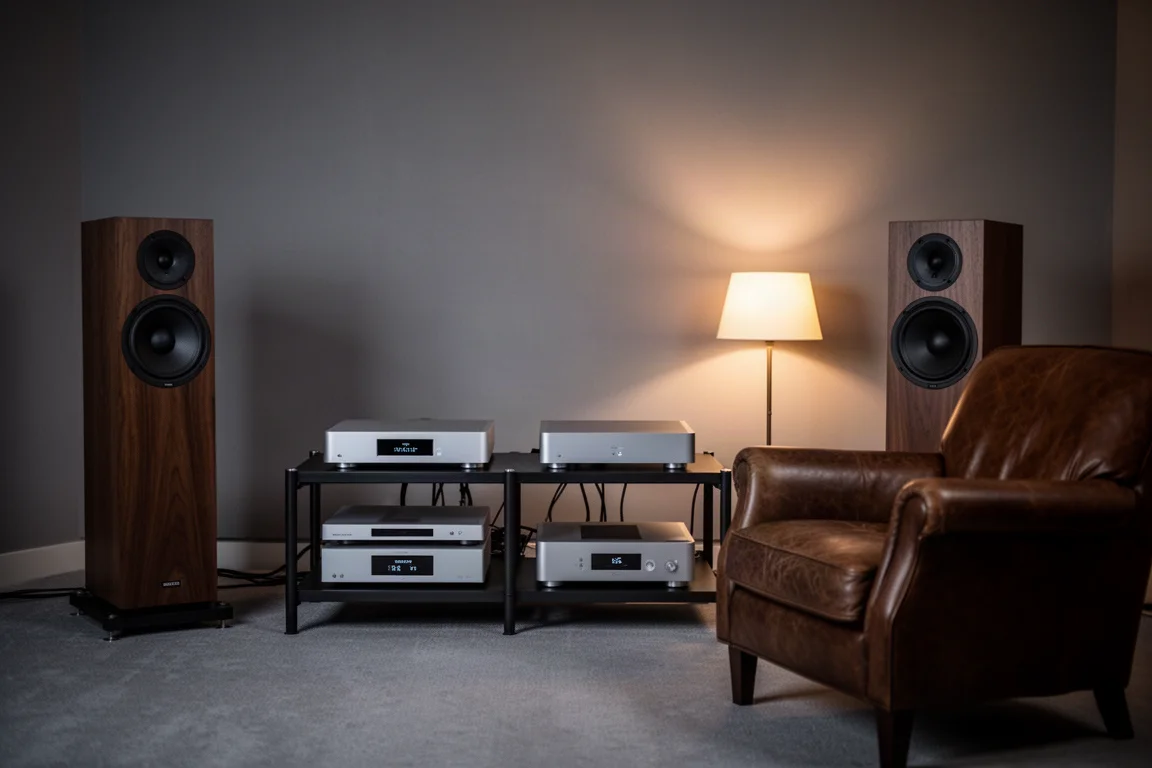 Sala d'ascolto al crepuscolo con un rack hi-fi, diffusori da pavimento e una singola lampada