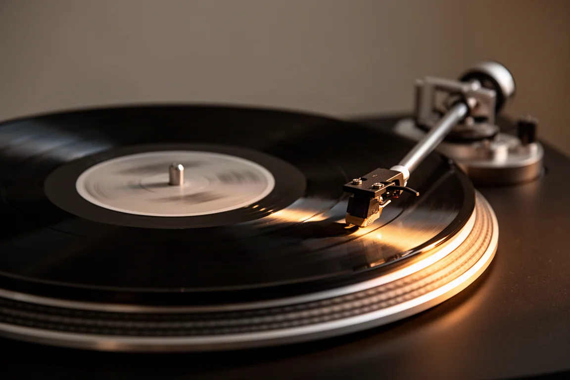 Disco in vinile che gira sul piatto di un giradischi sotto una luce laterale calda