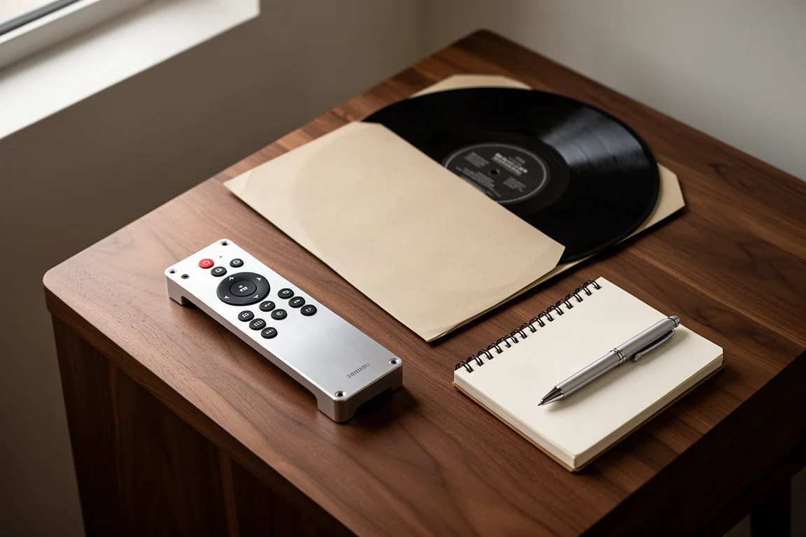 Telecomando in alluminio lavorato e disco in vinile su un tavolino in noce scuro