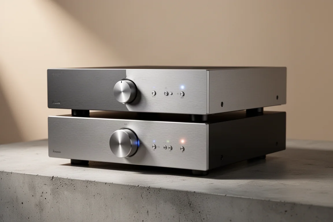 Slim aluminium preamplifier and matching power amplifier stacked on concrete