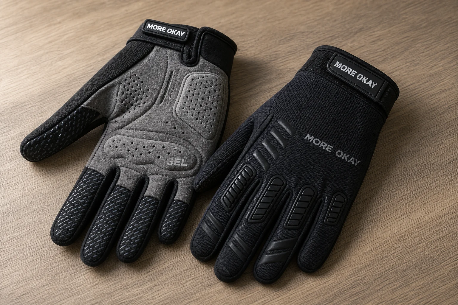 Fünf Mountainbike-Handschuhe in verschiedenen Stilen, die auf einer Betonoberfläche angeordnet sind