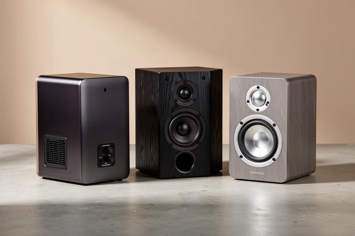 Three compact two-way bookshelf speakers arranged on a concrete surface in soft studio light