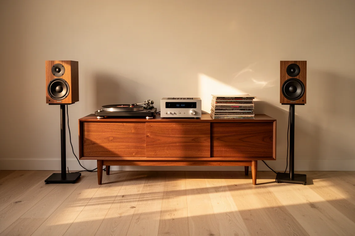 Duas caixas acústicas de estante sobre suportes em uma sala iluminada pelo sol com toca-discos e amplificador