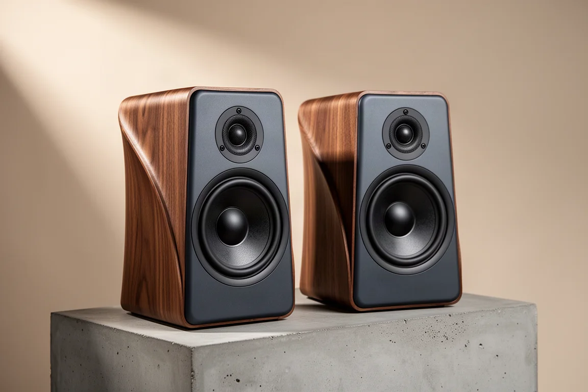 Pair of Morel Avyra 622 bookshelf speakers with walnut side panels on a concrete plinth