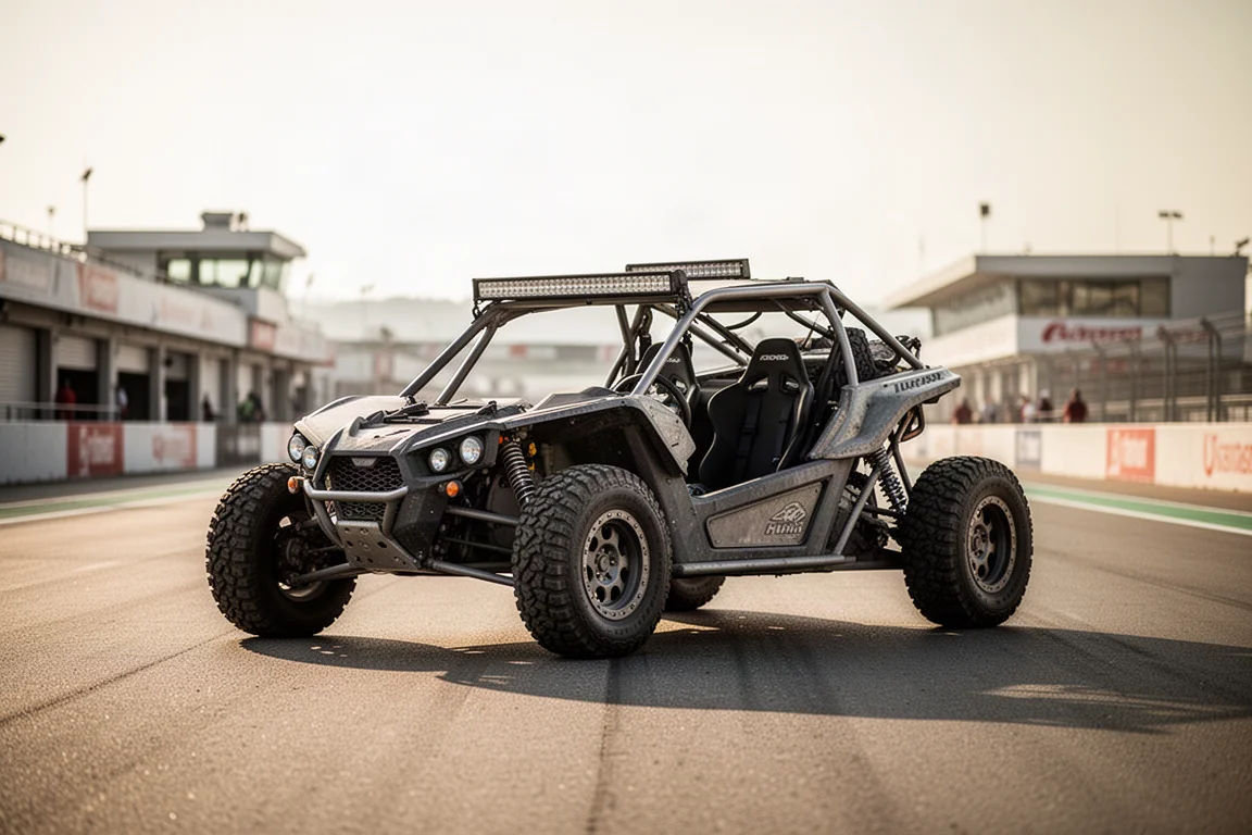 Auto adventure a cielo aperto parcheggiata in un paddock di circuito soleggiato