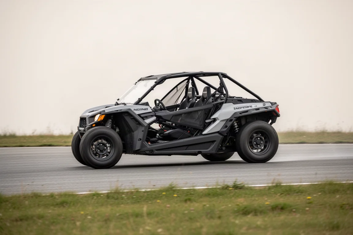Auto dal look off-road che curve in pista con evidente movimento delle sospensioni