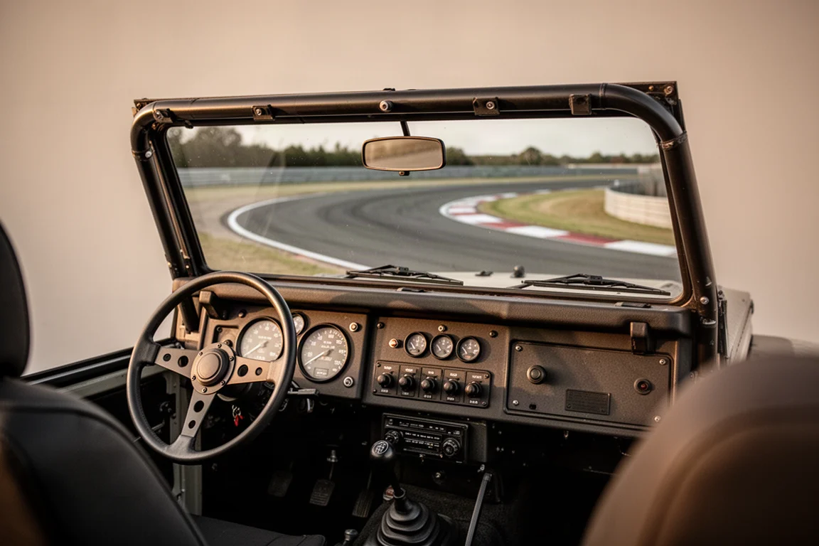 Vista del pilota sul cockpit aperto mentre si avvicina a una curva al tramonto