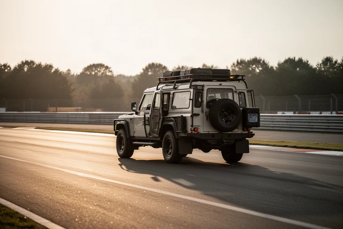 Auto adventure in pista all'ora dorata con lunghe ombre sull'asfalto
