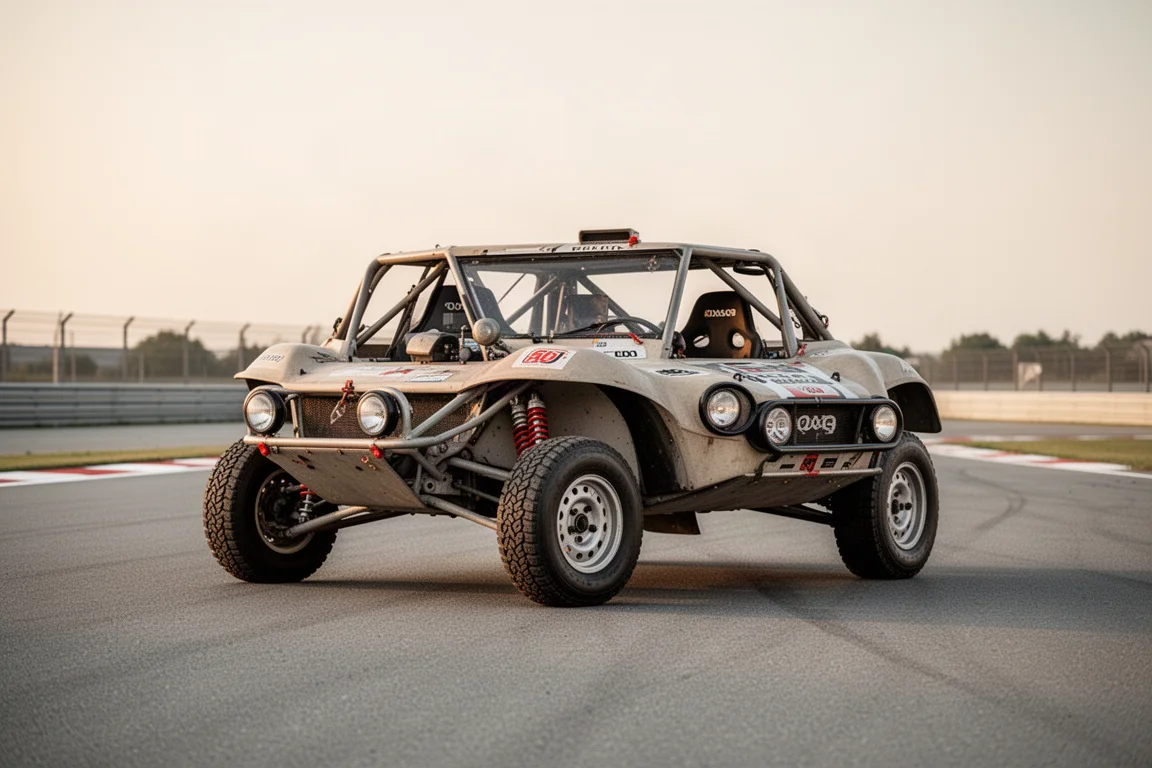 Open adventure car with off-road styling parked on a race circuit tarmac