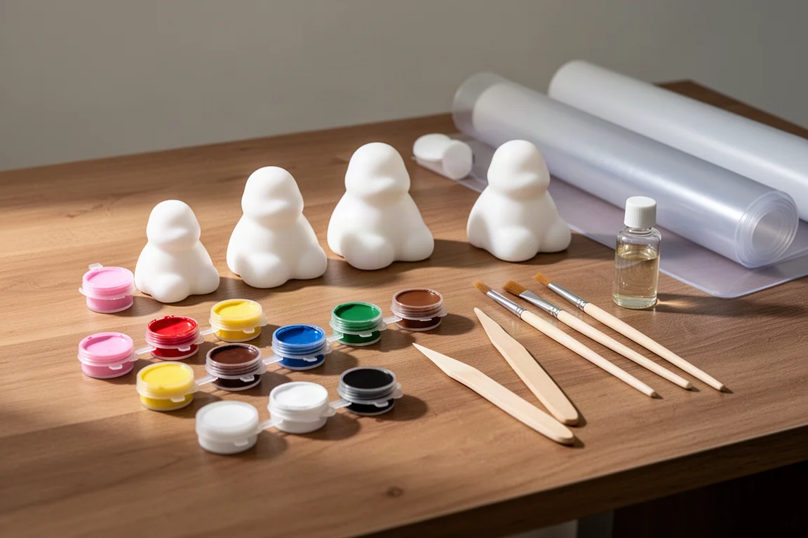 Opened craft kit contents spread across a desk with paint pots and brushes