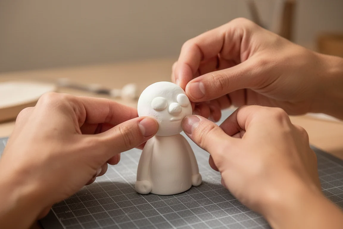 Hands sculpting modeling clay onto a small blank figurine on a desk mat