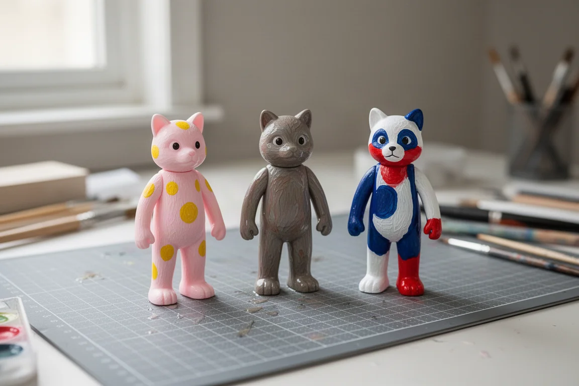 Freshly painted figurines drying on a desk in soft daylight