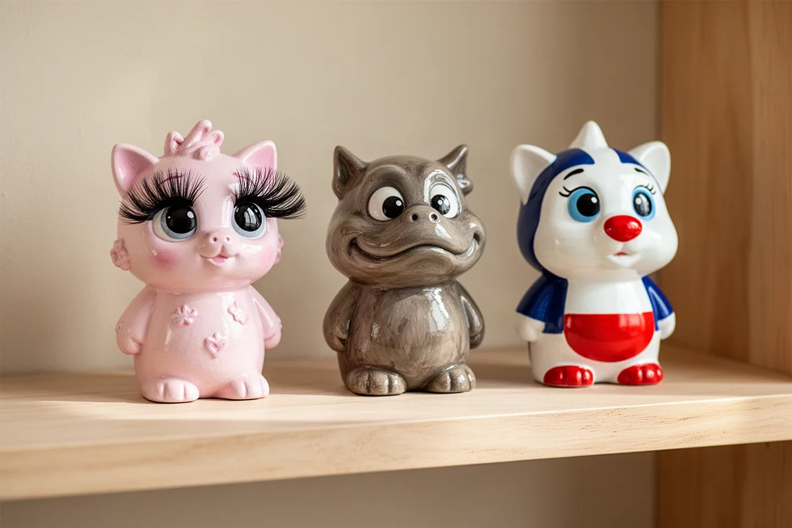 Glossy finished hand-painted figurines lined up on a shelf
