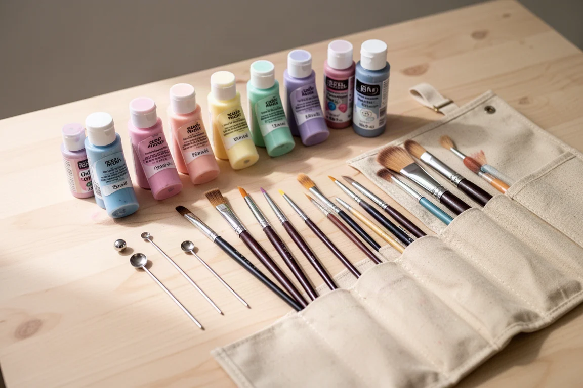 Set de pinturas desembalado con pinceles y herramientas de punteado extendidos sobre una mesa de manualidades