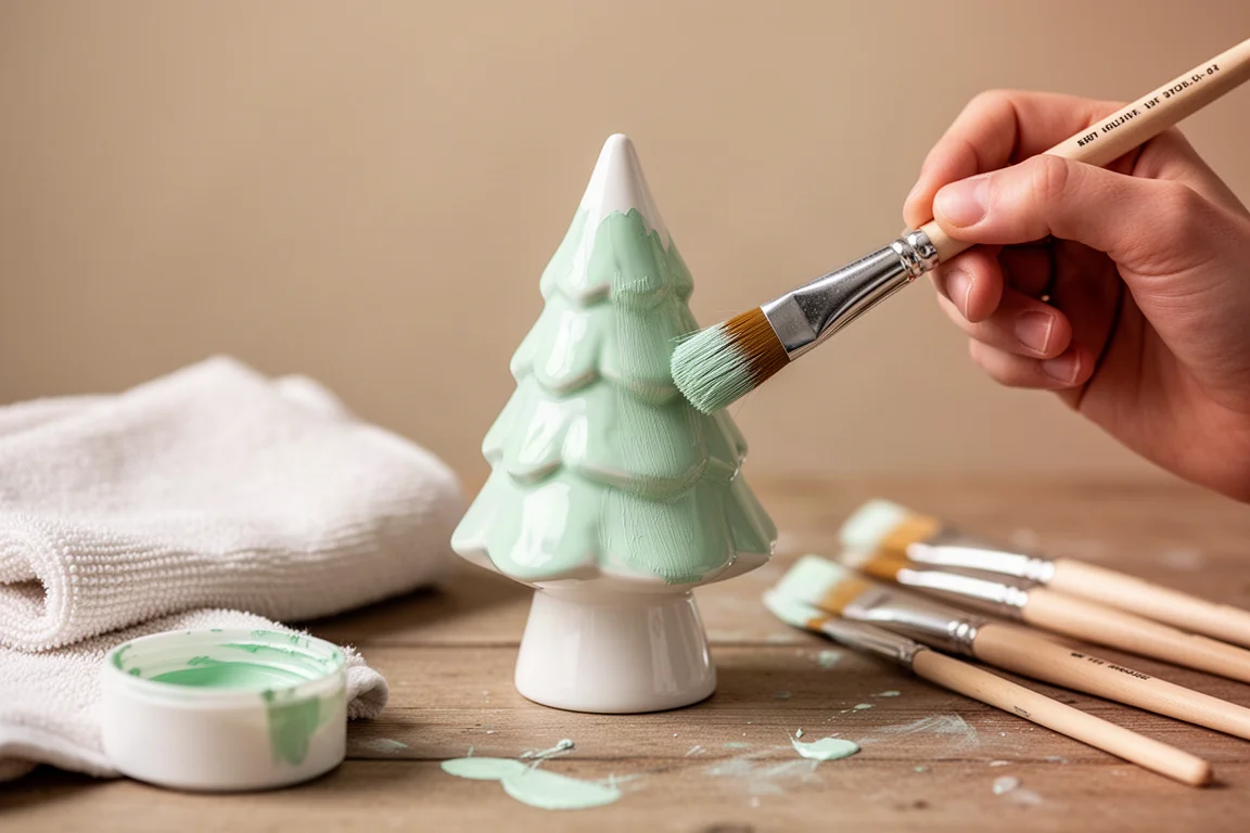 Mano pintando un árbol cerámico blanco con pintura verde menta pastel para manualidades