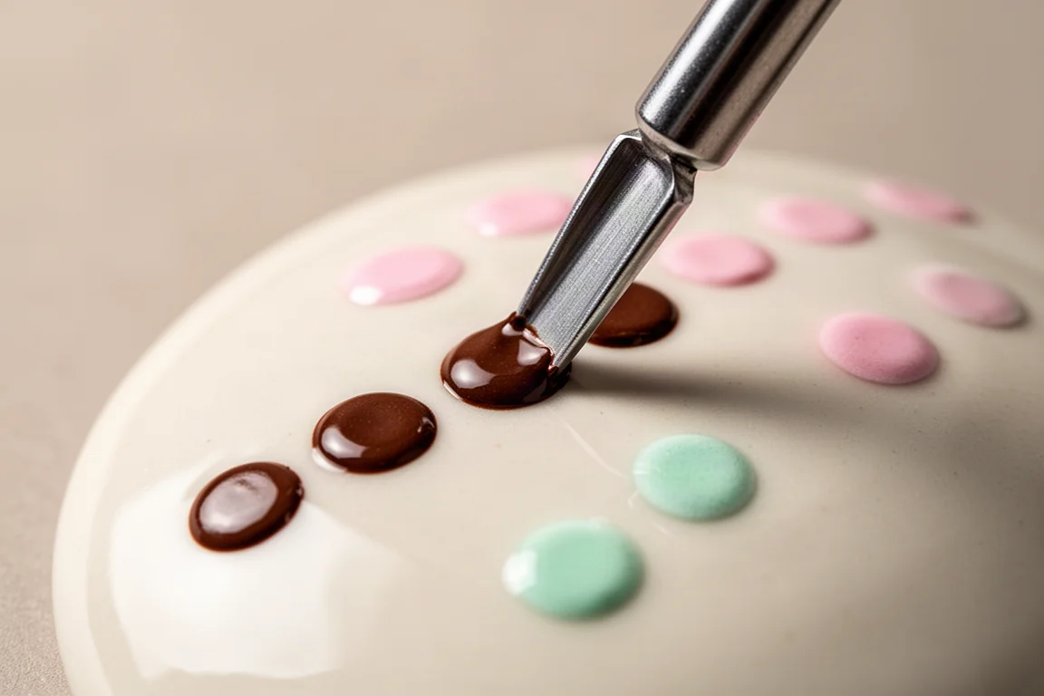 Herramienta de punteado añadiendo puntos prolijos de pintura marrón chocolate sobre una superficie cerámica