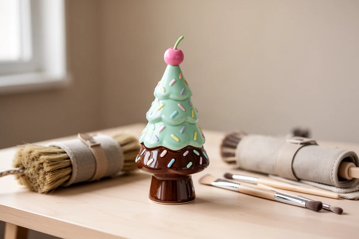 Árbol cerámico terminado pintado en tonos pastel, decorado con puntos y una cereza rosa en la cima