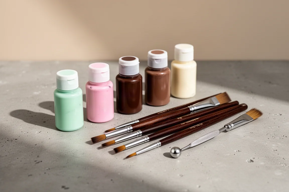 Frascos de tinta pastel, pincéis sintéticos e ferramentas de pontilhado dispostos sobre uma superfície de concreto