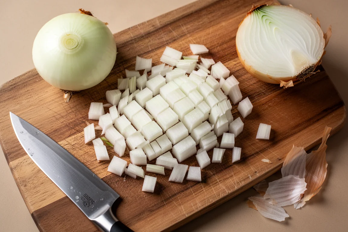Kochmesser schneidet feine Zwiebelwürfel auf einem Schneidebrett