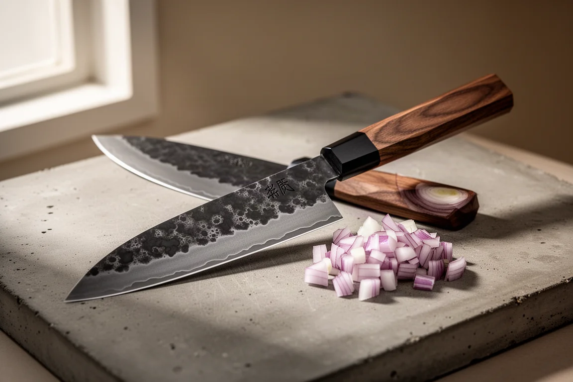 Coltello giapponese da chef forgiato a mano con finitura kuruchi e manico in noce su una superficie in cemento