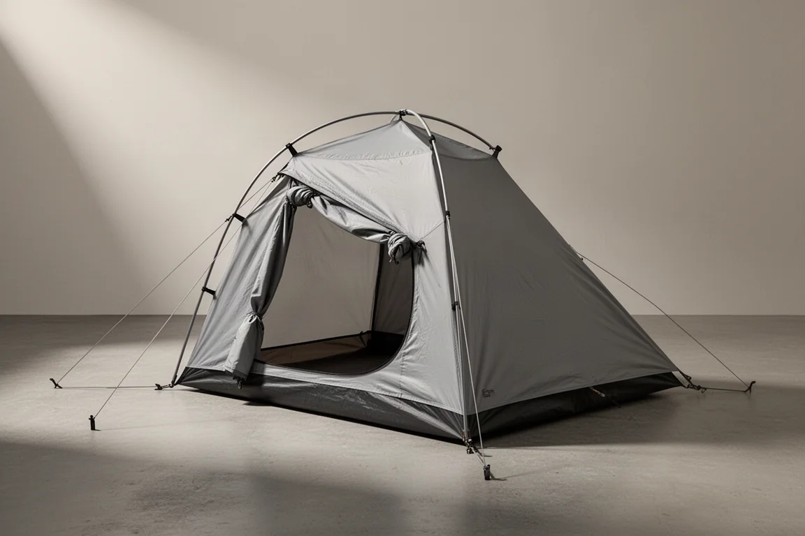 Compact wedge-shaped camping tent with rolled-back door pitched on a concrete surface
