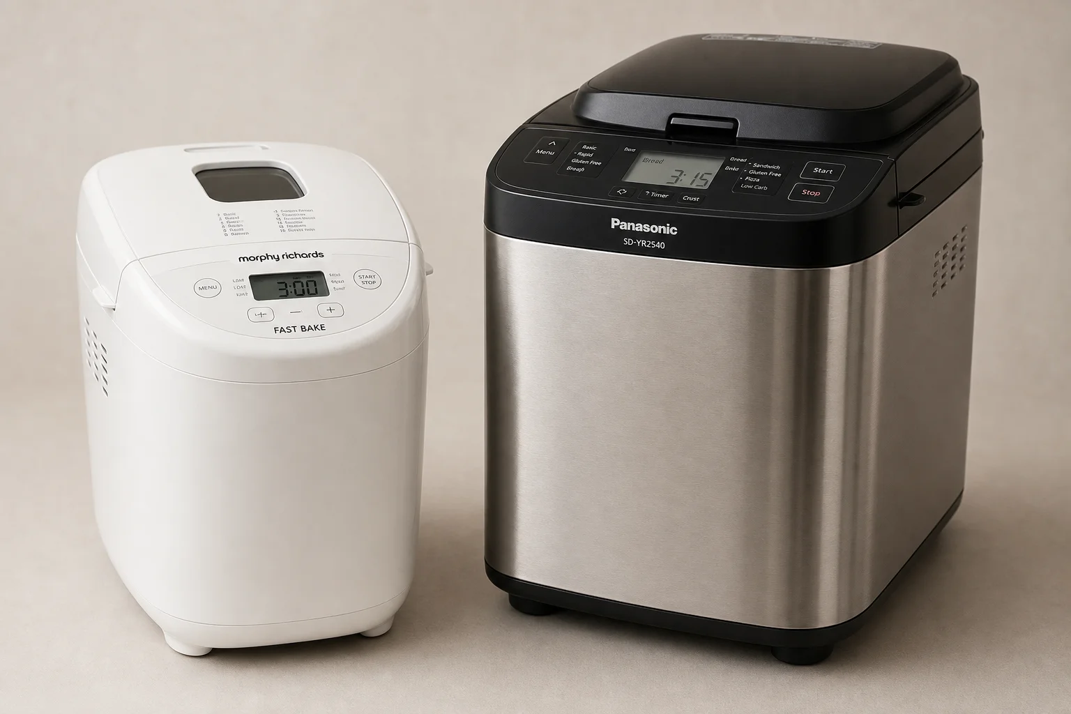 並排擺放的 Morphy Richards Fast Bake 與 Panasonic SD-YR2540 麵包機