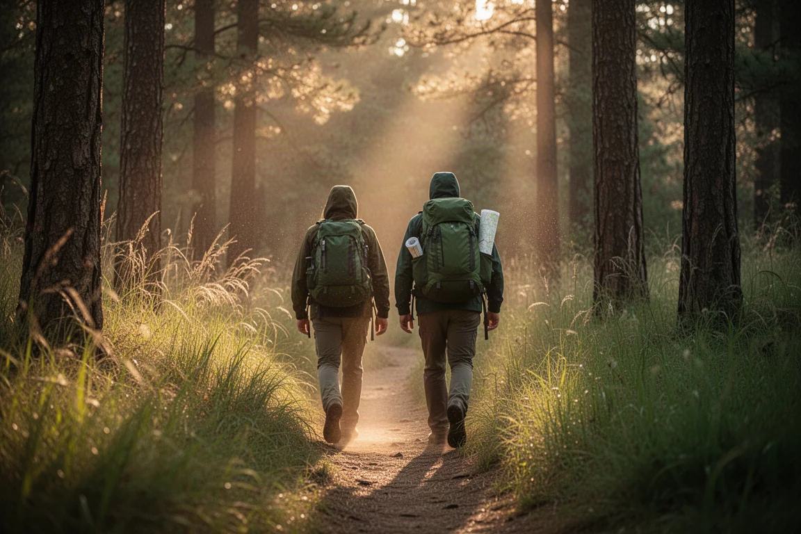 Zwei Wanderer auf einem schmalen Waldweg zur goldenen Stunde mit hohem Gras und Kiefernstämmen