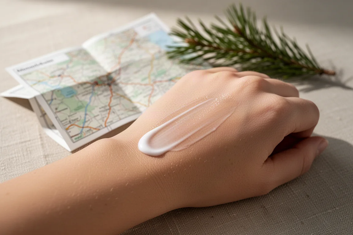 Nahaufnahme einer leichten Lotion, die auf einem Unterarm verteilt wird, dahinter eine unscharfe Wanderkarte