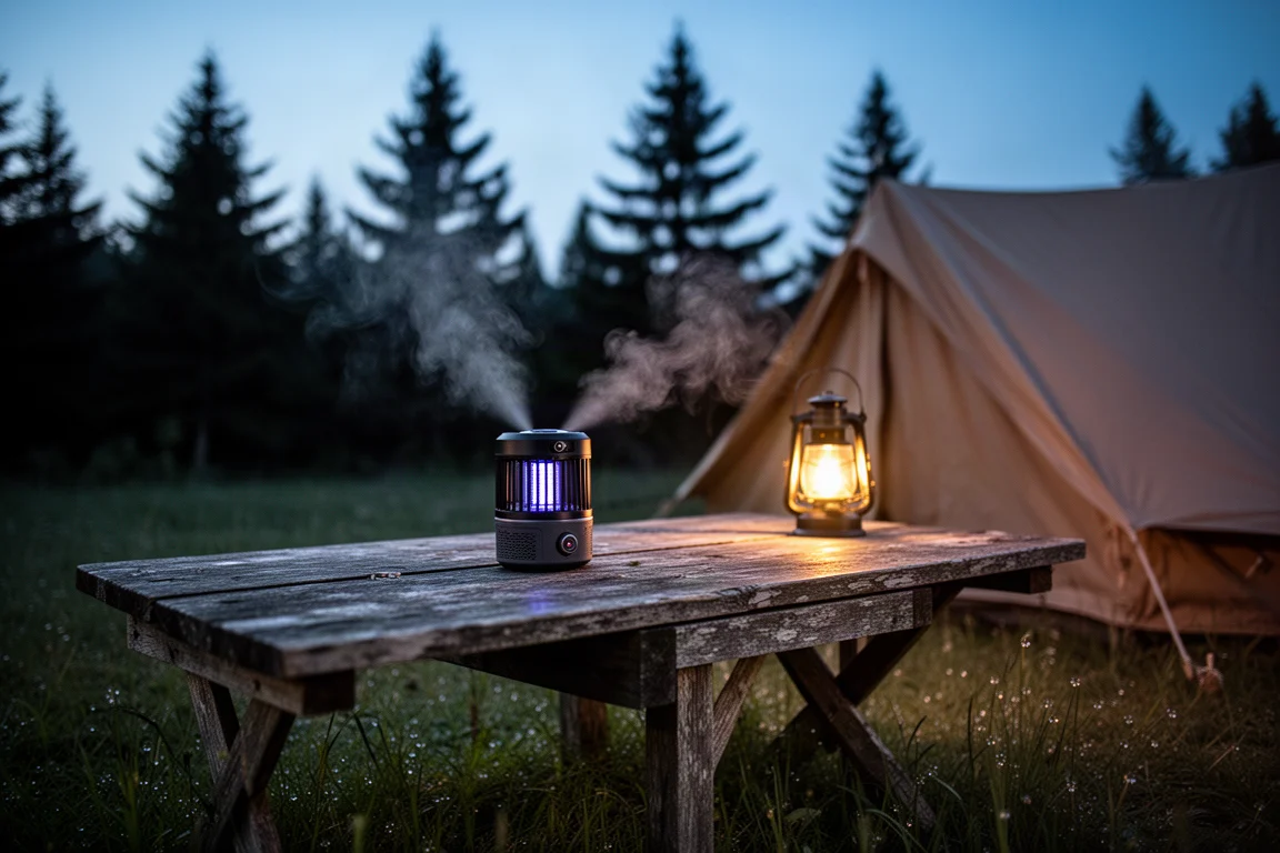 Campingtisch in der Dämmerung mit einem kleinen Insektenschutzgerät und einem Zelt im Hintergrund