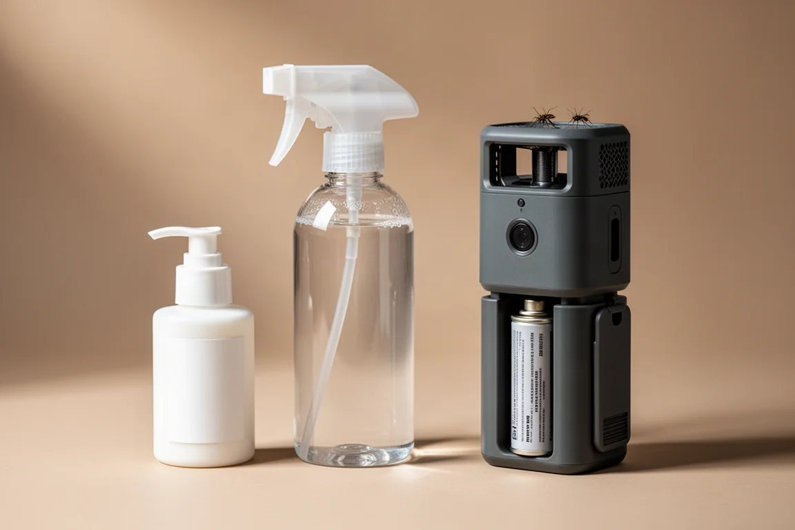 Flacone contagocce di lozione, flacone spray per il trattamento dei vestiti e dispositivo portatile per il controllo degli insetti su sfondo neutro