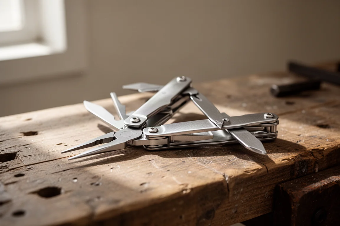 Multitool mit ausgezogener Zange, geöffnet liegend auf einer Holzwerkbank