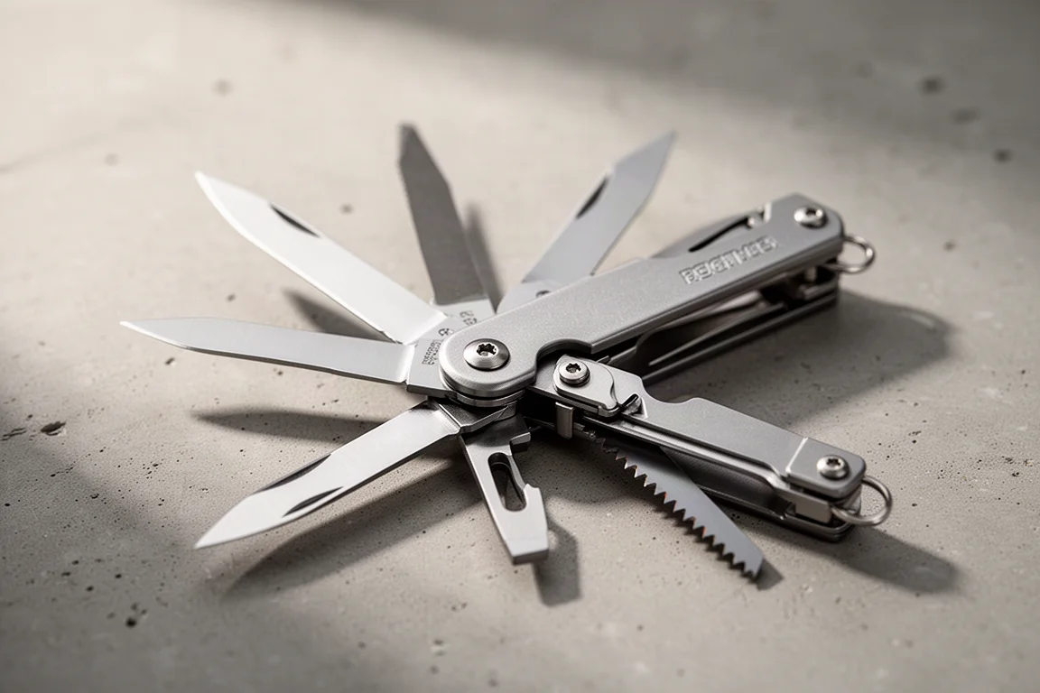 Klinge und Säge des Multitools gefächert geöffnet, mit sichtbarem Arretiermechanismus