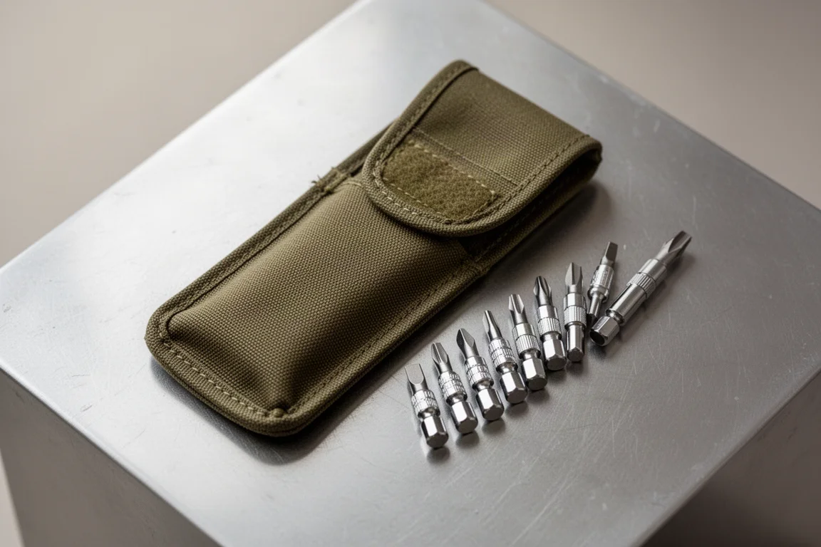 Stoff-Holster mit darin verstauten Schraubendreher-Bits auf neutraler Oberfläche