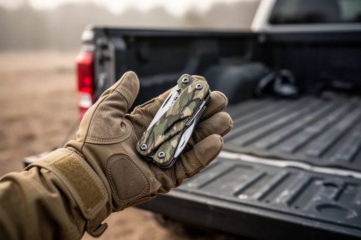 Kompaktes Multitool in einer Hand gehalten, das zeigt, wie groß es insgesamt ist