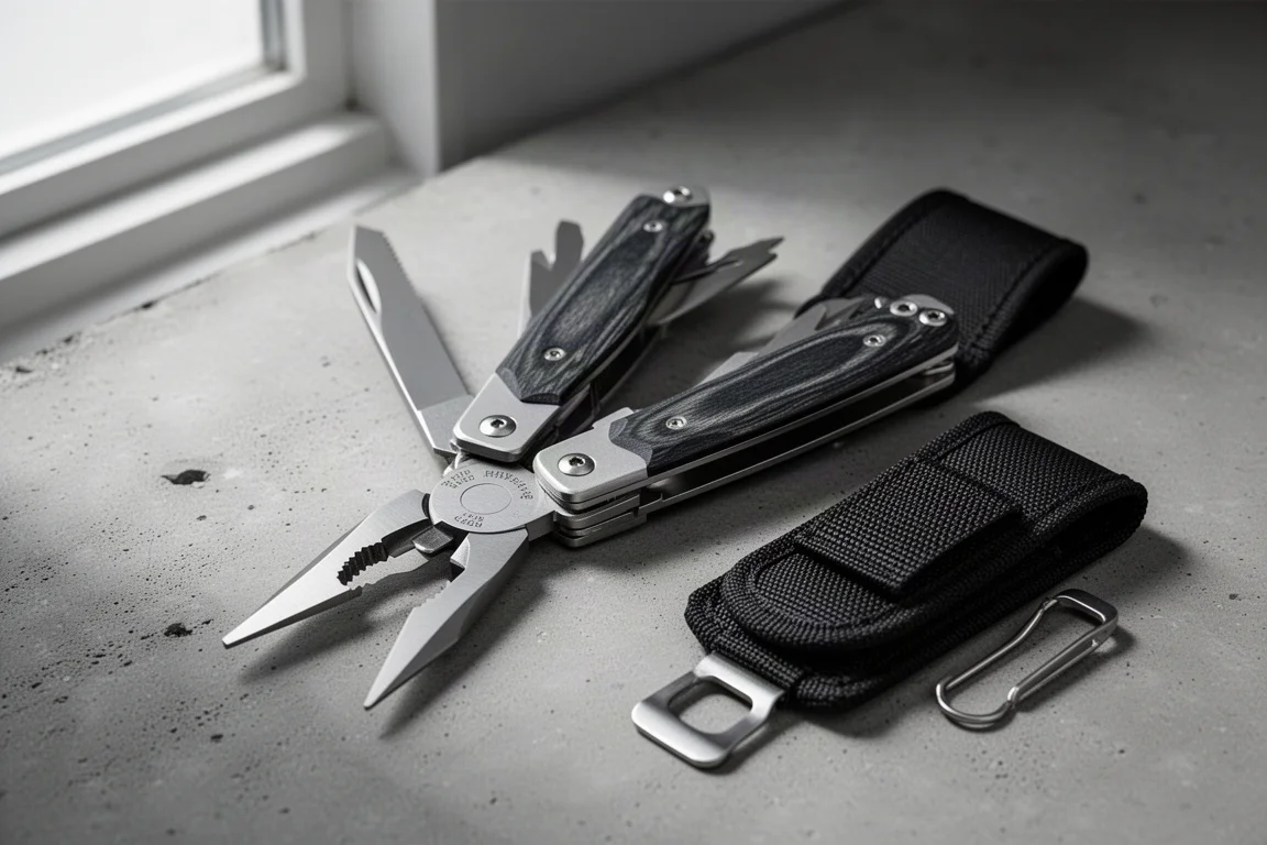 Full-size stainless multi-tool with G10 handles, sheath, and pocket clip on concrete