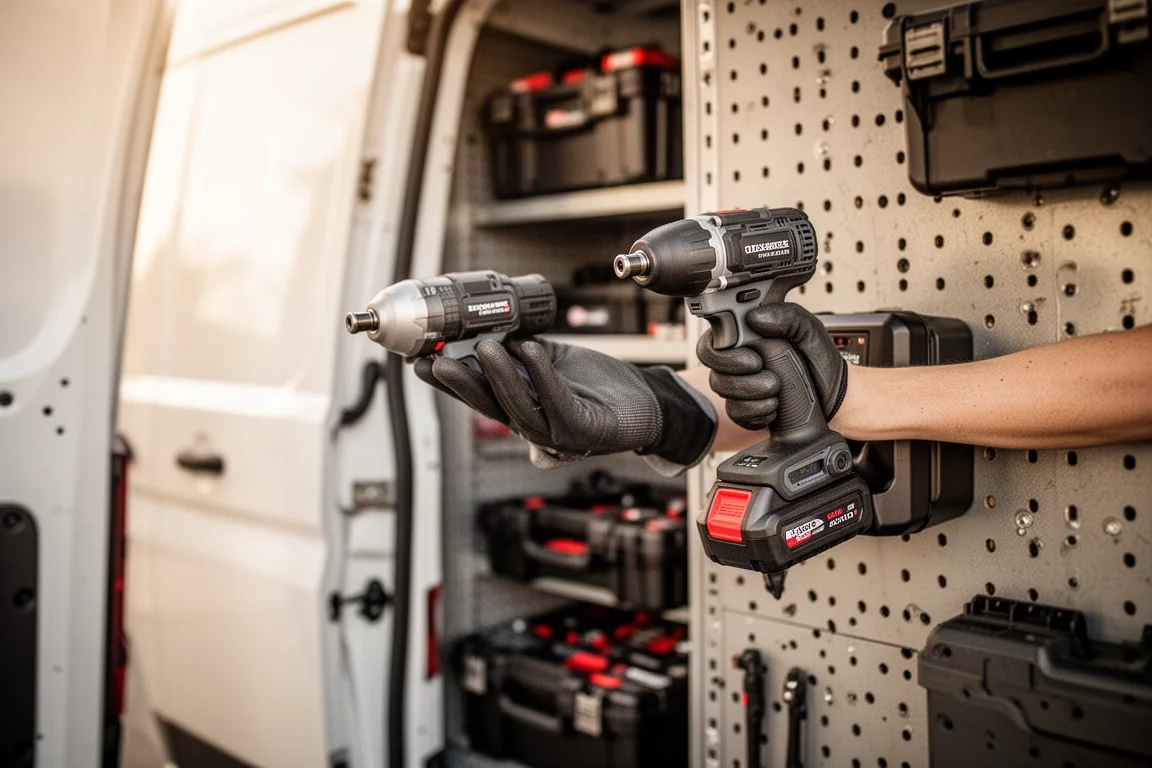 Met handschoenen beklede hand van een vakman die naar een accuschroefmachine grijpt in een servicewagen