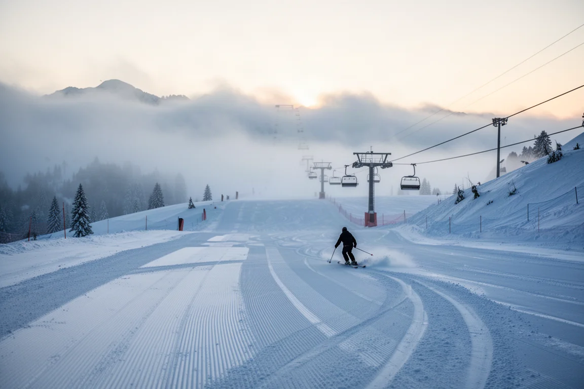 Szene im Skigebiet mit frischem Schnee und Skifahrern auf frisch gespurten Pisten zu Beginn der Saison
