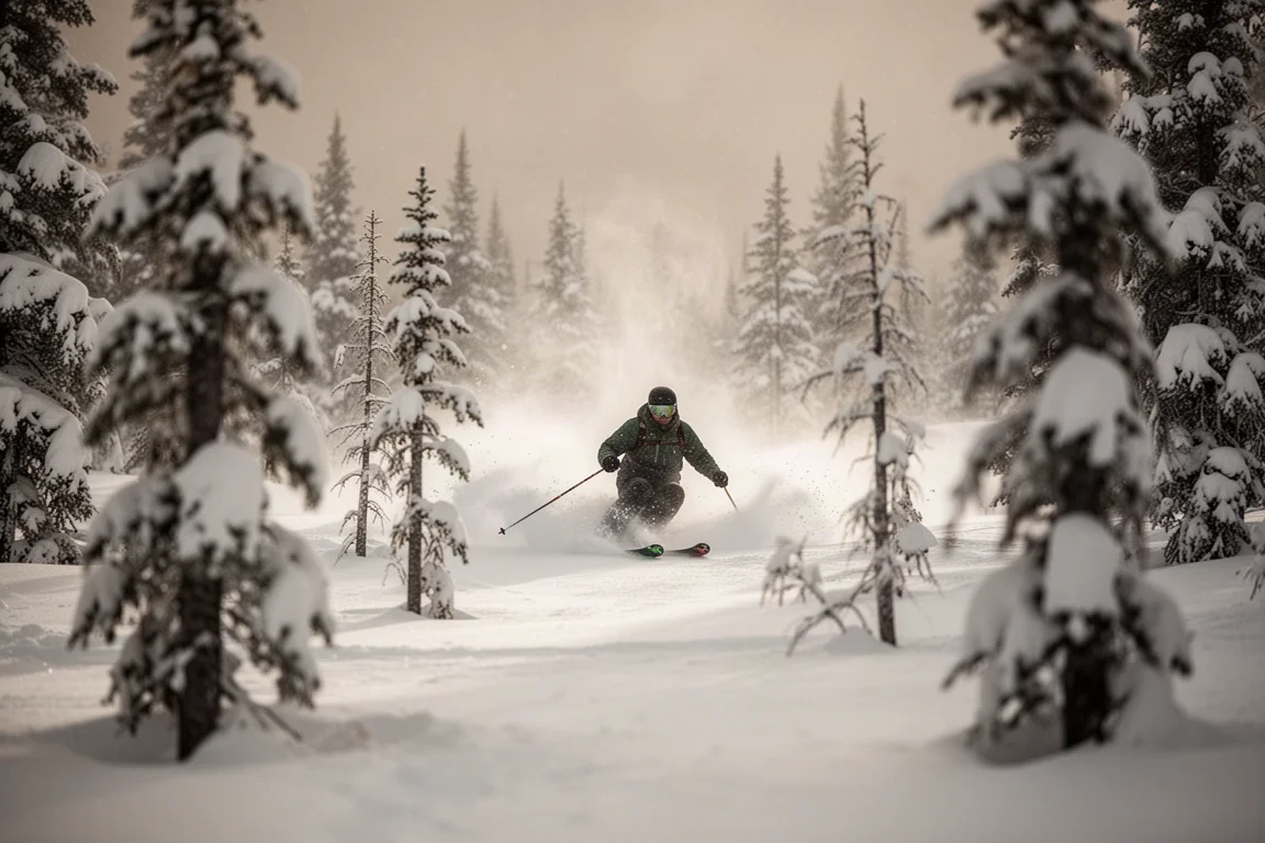 Skifahrer fährt bei einem Pulvertag im weichen Licht durch enge Bäume