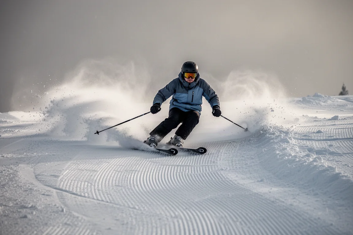 Skifahrer wechselt am Pistenrand zwischen weichem Schnee und einer präparierten Piste
